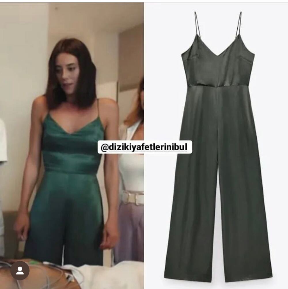 ZARA LONG SATIN EFFECT JUMPSUIT DARK GREEN